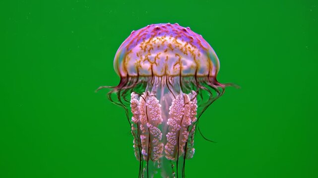 Pulsating Jellyfish with Tentacles in Motion against Green Screen