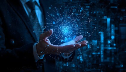 Fototapeta premium Professional businessman holding a glowing artificial intelligence hologram interface for advanced data analysis and digital innovation in a dark office