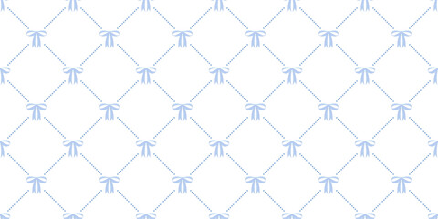 Fototapeta premium Coquette seamless pattern blue bow with ribbons on white background. Soft print for wrapping paper, textile and fabric. Cute repeat wallpaper for birthday and holidays. Vector illustration