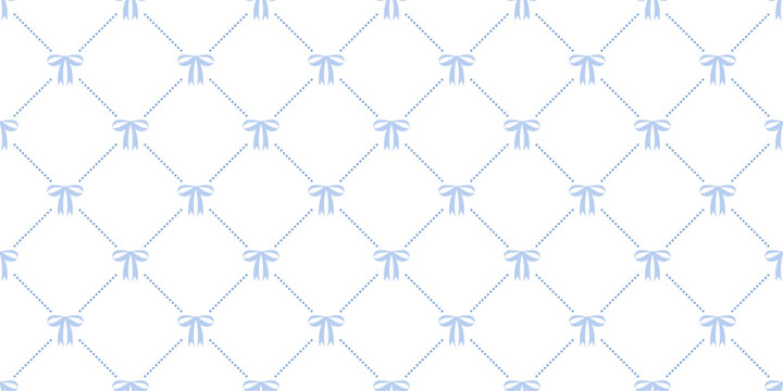 Coquette seamless pattern blue bow with ribbons on white background. Soft print for wrapping paper, textile and fabric. Cute repeat wallpaper for birthday and holidays. Vector illustration