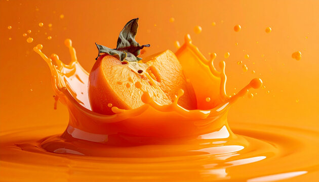 Abstrakte Studio-Makroaufnahme eines reifen Kaki-St&uuml;cks, das in cremiges dunkelorangenes Kakip&uuml;ree eintaucht, flie&szlig;ende Welle, monochrome orangefarbene Farbpalette, einfarbiger oranger Hintergrund