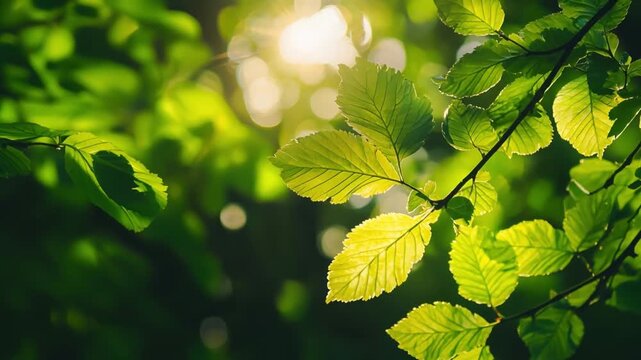 Green Leaves Swaying in Gentle Breeze with Sunlight Bokeh Nature Background