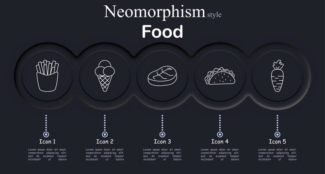 Food set icon. Neomorphic dark interface with circular buttons displaying french fries box, ice cream cone, meat steak slice, taco shell, carrot vegetable, thin outline style, soft shadow depth.
