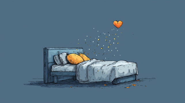 Bed at night with a heart and sparkles rising, sleep and recovery concept illustration