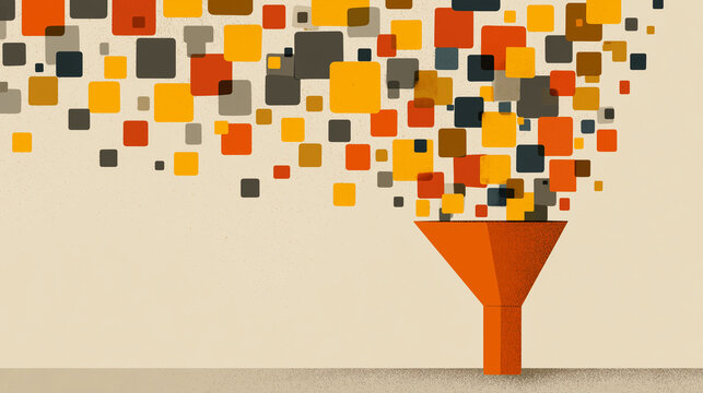 Colorful squares pouring into a funnel, filtering and processing concept illustration