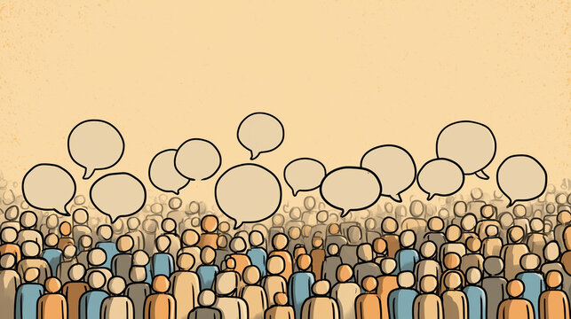 Crowd of people with identical speech bubbles, public opinion and consensus illustration
