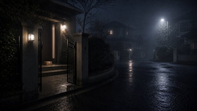 Open Front Gate and Parcel on Foggy Street