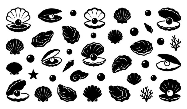 Black Seashell and Oyster Silhouette Collection with Marine Life and Ocean Elements