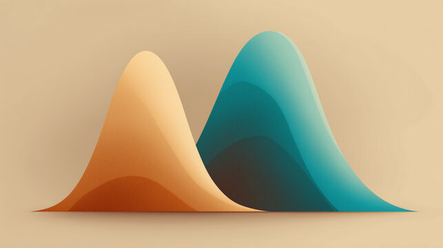 Two overlapping bell curves in orange and teal, statistical distribution concept illustration