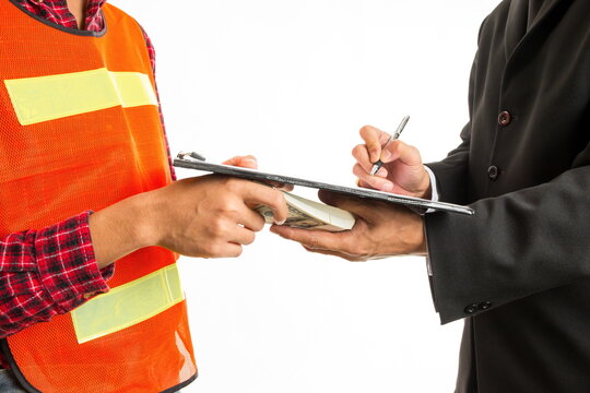 Construction worker giving a bribe to endorser.