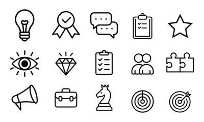 Fototapeta premium Professional set of minimalist line icons representing core business strategy and planning with clean flat lighting on white.