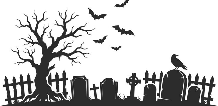 Black silhouette of a spooky graveyard scene with tree bats and crow on isolated white background for halloween
