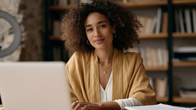 Professional records herself on a laptop webcam delivering a two-minute project update, ring light on, bookshelf behind her, script notes beside keyboard, asynchronous video message workflow, remote