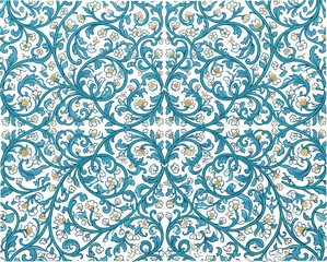 Obraz premium Elegant turquoise blue arabesque seamless pattern vector illustration with intricate classic oriental floral scroll ornaments for luxury tile wallpaper and textile design
