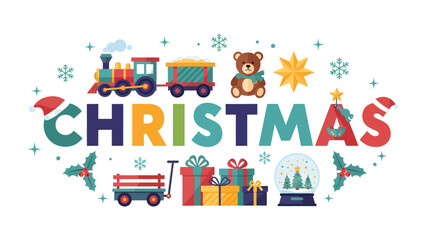 Fototapeta premium Christmas Celebration Typography: Colorful letters spell out Christmas adorned with festive icons like a train, teddy bear, presents, and snowflakes, evoking the spirit of the holiday season.