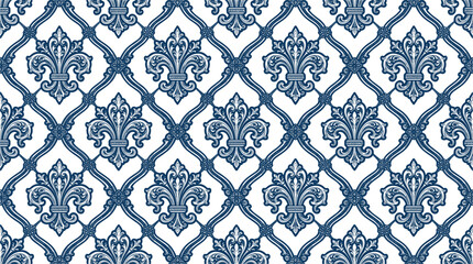 Luxury blue and white damask seamless pattern background vector illustration with ornate classic royal fleur de lis elements for textile and wrapping paper design © MdArif
