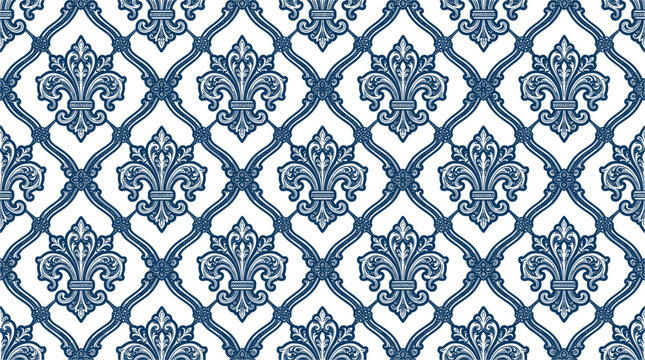 Luxury blue and white damask seamless pattern background vector illustration with ornate classic royal fleur de lis elements for textile and wrapping paper design