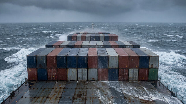 Container cargo ship navigating rough sea during severe storm
