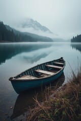 Fototapeta premium Abandoned wooden rowboat on misty mountain lake shore in foggy weather