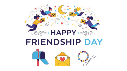 Fototapeta premium Happy Friendship Day Celebration: A vibrant illustration captures the spirit of Friendship Day, featuring women flying through the sky, sending letters and gifts.