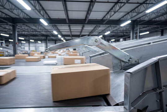Cardboard package diverted by automated sorting arm on conveyor system