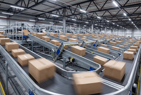 Automated parcel sorting system processing cardboard packages in distribution center