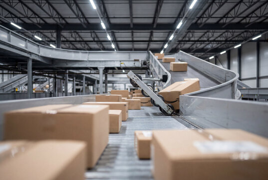 Cardboard boxes moving through automated warehouse conveyor system