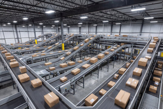 Automated conveyor system transporting cardboard packages through distribution center