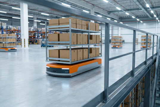 Autonomous warehouse robot carrying cardboard boxes inside distribution center