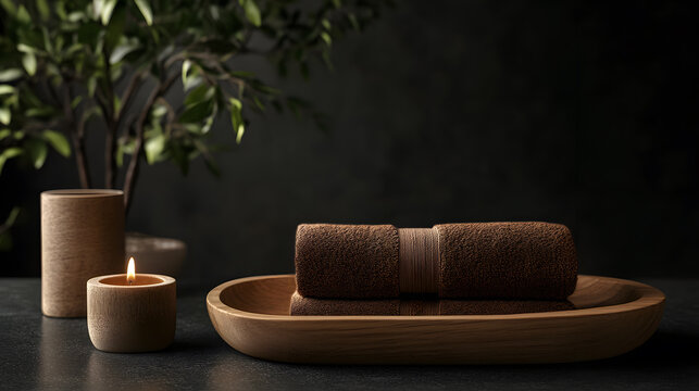 Luxury spa setting with rolled brown towels on a wooden tray, burning candle, and green plant on dark background