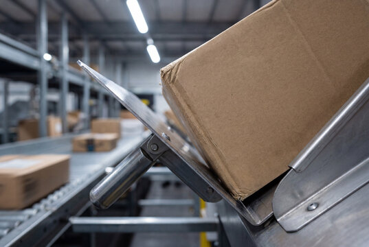 Cardboard box diverted by sorting gate on warehouse conveyor system