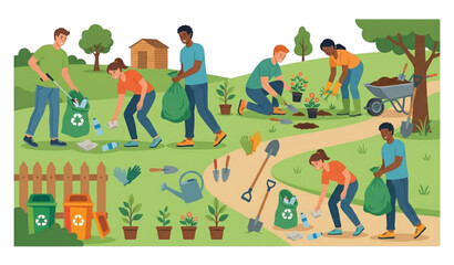 Naklejka premium Community Cleanup Day Volunteers Collecting Trash and Planting Trees Vector Illustration