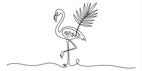 Minimalist single line drawing of a flamingo standing on one leg with a palm leaf © Ratna Art_Gallery