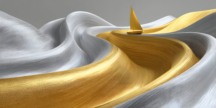 Abstract 3D rendering of a golden sailboat sailing on gold and silver metallic fluid wave background, luxury business concept