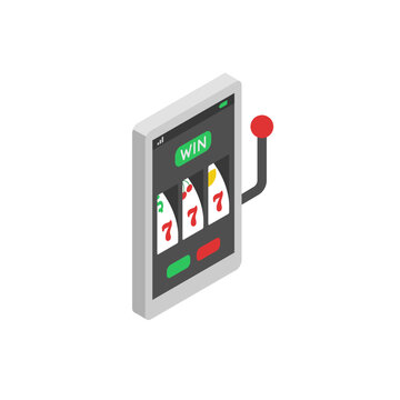 Slot machine on smartphone, isometric icon. Mobile casino gaming and online gambling