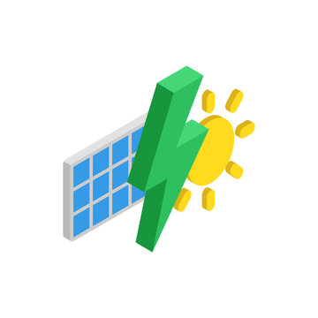 Solar panel with lightning bolt and sun, isometric icon. Solar energy generation and renewable power