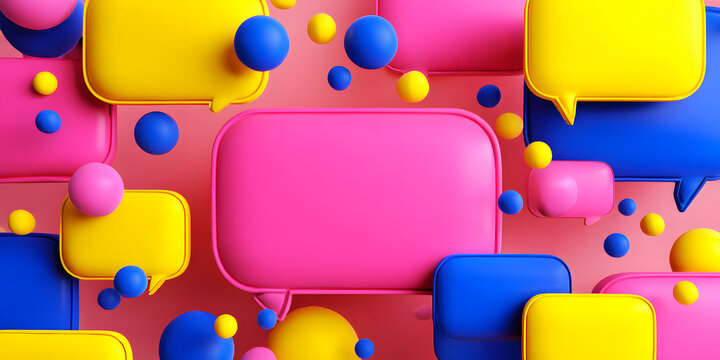 3D render of colorful speech bubbles and spheres on pink background, social media communication concept