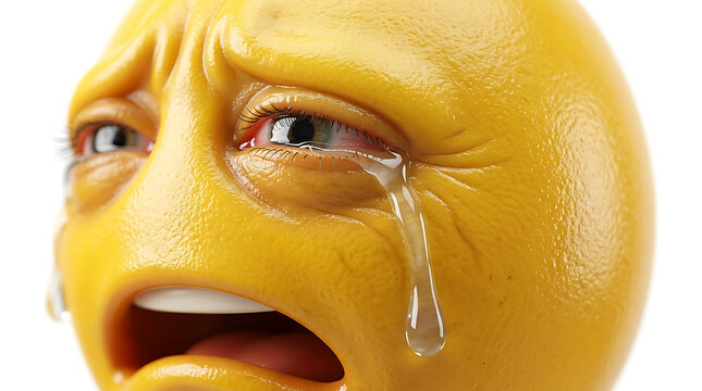 Close-up of a crying emoji face with tears streaming down, expressing sadness and distress.