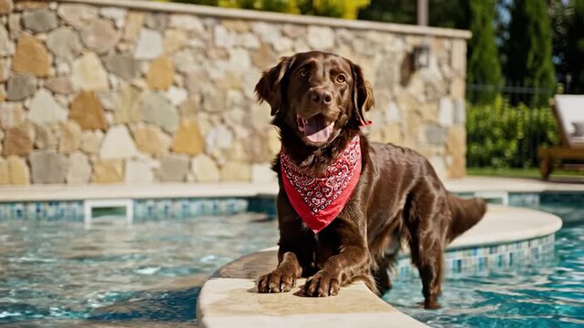 A brown dog with a red bandana stands by a pool