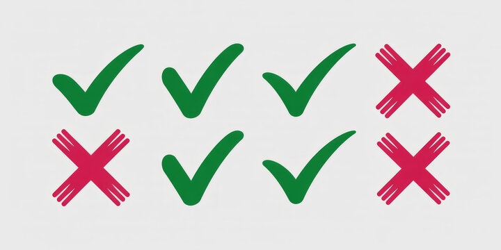 Collection of green checkmarks and red crosses on white background for decision making.