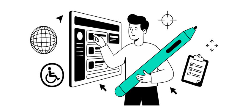 UI UX designer building website interface on digital screen with stylus tool for web accessibility compliance checklist testing, line art vector illustration style for app developer concept.