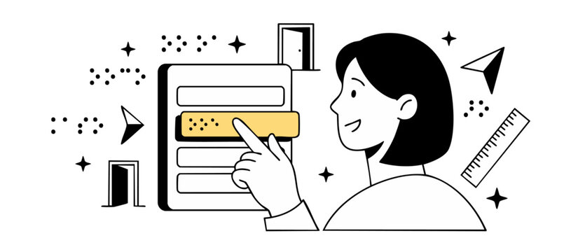 Braille accessibility icon design woman touching digital tactile screen interface for inclusive education and web usability vector illustration isolated on white background with yellow accent
