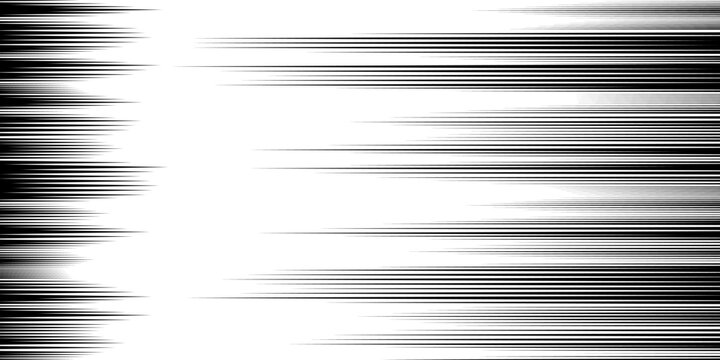 Abstract black speed lines on white background. Horizontal fast motion comic effect element for manga, anime, sport banner, action presentation, and dynamic design.