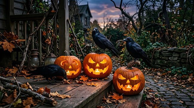 Three glowing Halloween pumpkins with black crows at night illustration