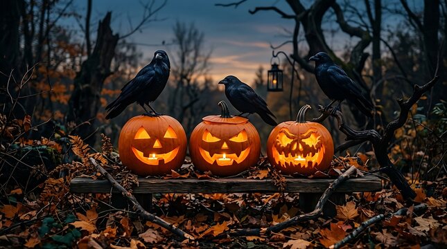 Three carved pumpkins with black crows in a spooky forest illustration