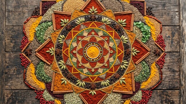 Vibrant mandala pattern crafted from various colorful aromatic spices and dried herbs on transparent background