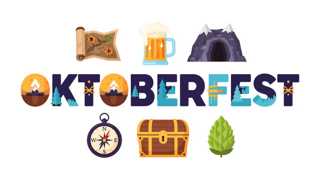 Oktoberfest Celebration Elements: A vibrant collage featuring traditional Oktoberfest symbols like a beer mug, treasure chest, compass, hop cone, mountain cave, and map.