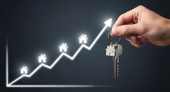 Hand holding house keys with growing graph and house icons in background