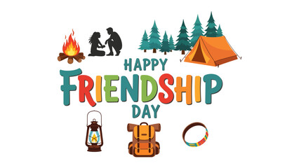 Obraz premium Happy Friendship Day Camping Celebration: A vibrant illustration celebrates Friendship Day with camping imagery, featuring a tent, campfire, backpack, lantern.