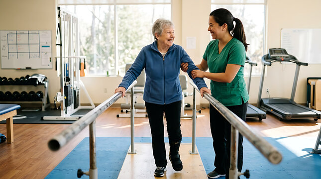 Smiling Female Physical Therapist Helping Elderly Patient Walk with Parallel Bars in Rehabilitation Clinic